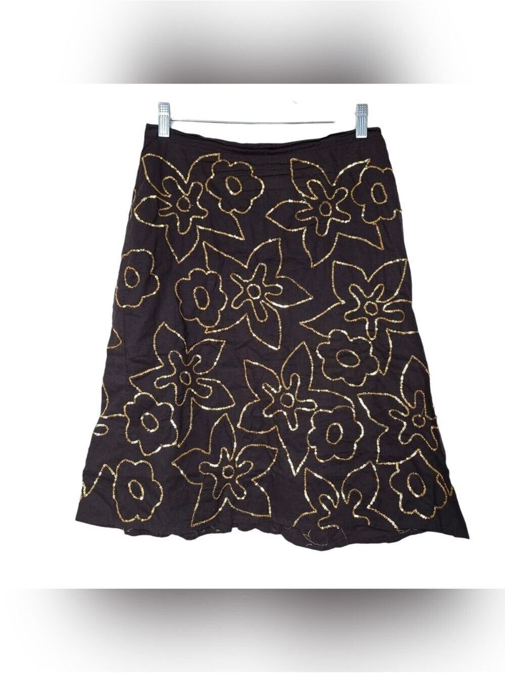 Persaman New York A Line Floral Skirt Gold Sequins Brown Cotton 6